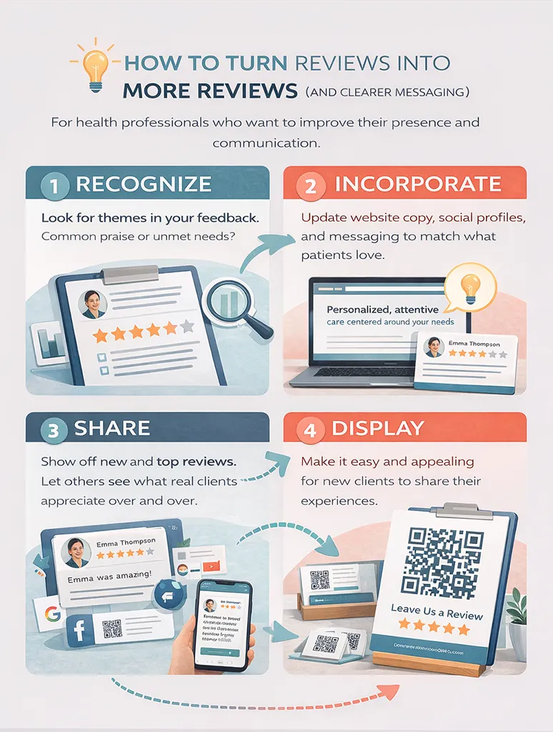 Infographic explaining how to use client reviews to improve messaging and generate more reviews.