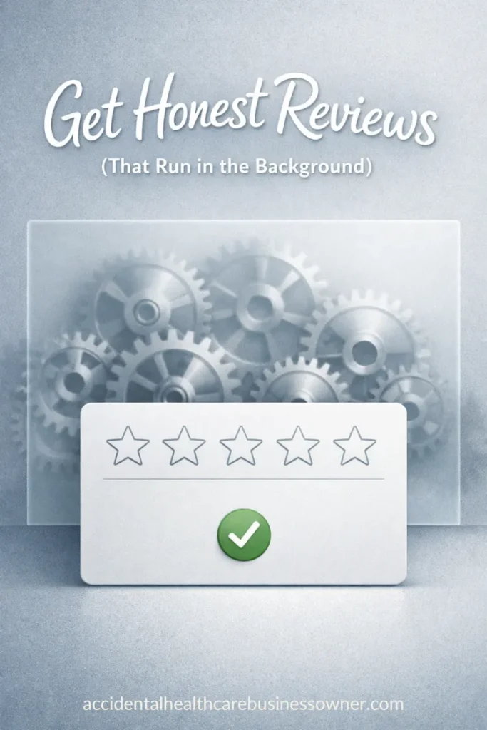 A sleek set of small gears/cogs turning behind a translucent panel, while in front sits a tidy review card with five neutral stars and a small checkmark. Text says: Get Honest Reviews (That Run in the Background)