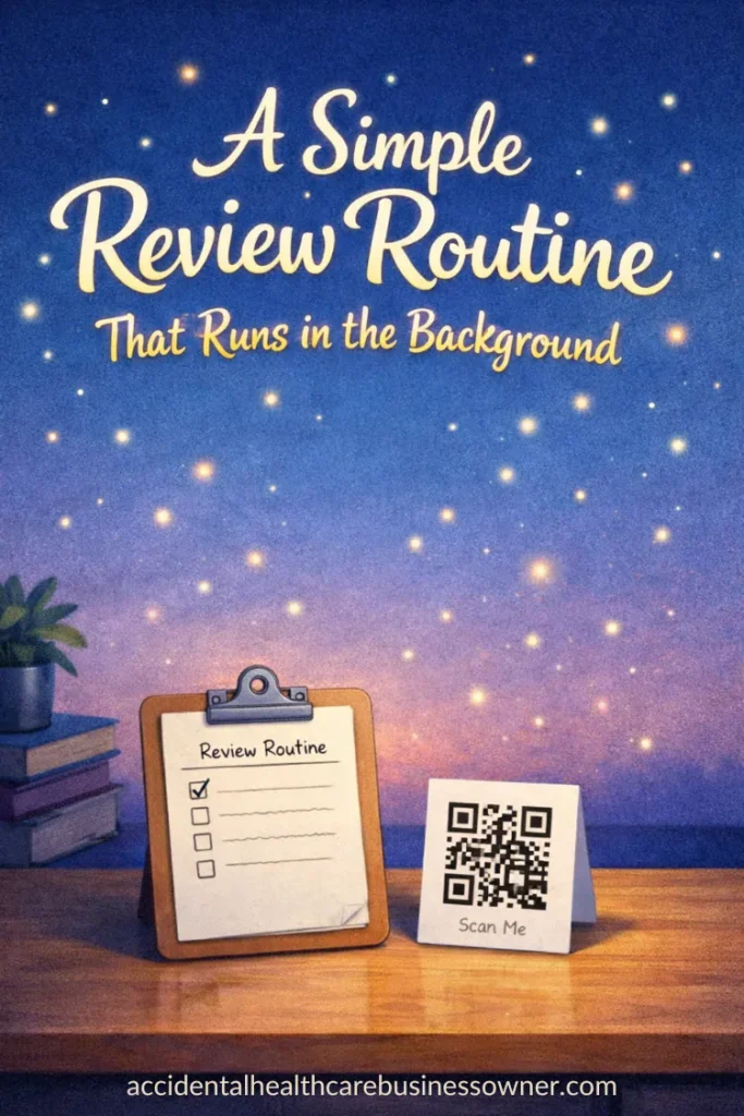 A calm night-sky gradient with small glowing dots; in the foreground, a simple clipboard titled “Review Routine” and a QR card sit neatly on a desk. Text says: A Simple Review Routine That Runs in the Background
