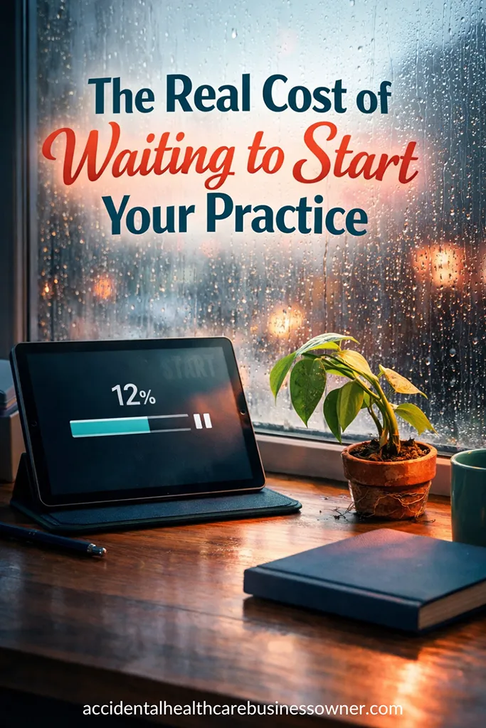A desk by a window with rain softly streaking the glass; a progress bar on a tablet is paused at 12%; beside it, a small plant leans toward the light, but its growth is constrained by a too-small pot (symbol for delayed expansion). Text says: The Real Cost of Waiting to Start Your Practice