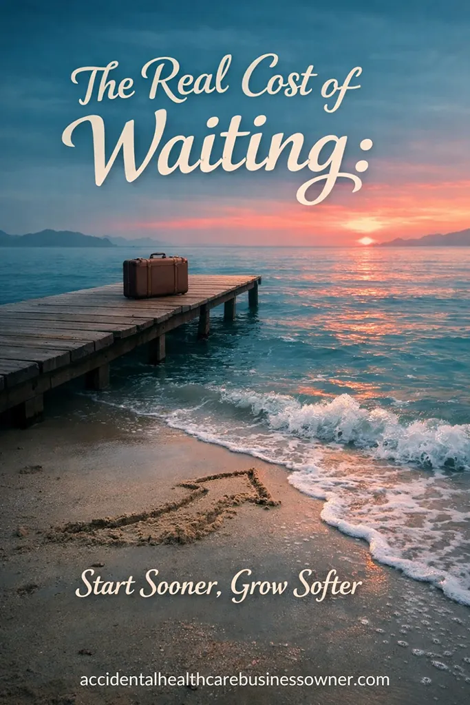 A serene coastal scene at dawn: a small wooden pier with a single suitcase sitting unopened; gentle waves erode a sand drawing of a simple upward arrow (growth) as if time is washing progress away. Text says: The Real Cost of Waiting: Start Sooner, Grow Softer