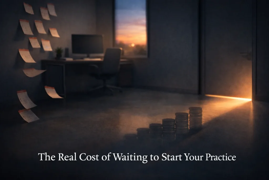 Dimly lit, empty office at sunset with calendar pages drifting off the wall, stacks of coins on the floor, and light shining through a closed door, symbolizing the hidden financial and time costs of waiting to start a private practice.