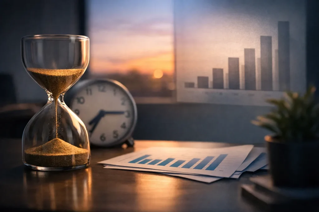 Hourglass, clock, and business growth charts symbolizing the cost of waiting to start a private practice, where lost time slows practice growth and long-term success.