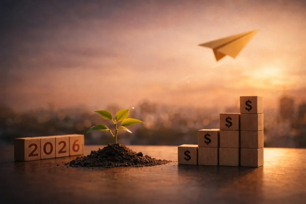Small plant growing from soil beside stacked money blocks labeled 2026 and a paper airplane at sunrise, symbolizing how starting a private healthcare practice earlier allows gradual growth and long-term financial stability.