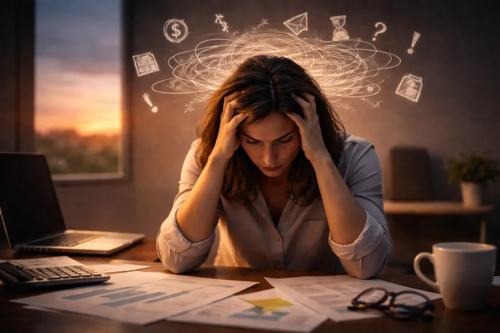 Woman sitting at a desk with hands on her head, papers and financial documents spread out, and abstract stress symbols above her, illustrating the mental load and burnout that can come from delaying the start of a private healthcare practice.