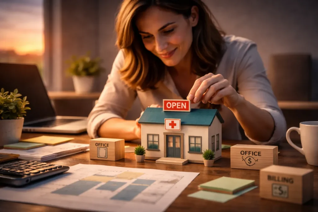 Woman placing an “open” sign on a small clinic model at a desk with planning documents, illustrating that starting a private healthcare practice can begin simply without building everything perfectly at once.