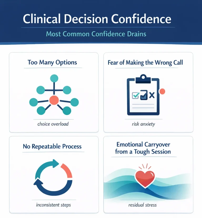 Clinical Decision Confidence infographic showing four common confidence drains for solo healthcare clinicians: too many options, fear of making the wrong call, no repeatable process, and emotional carryover from a tough session.