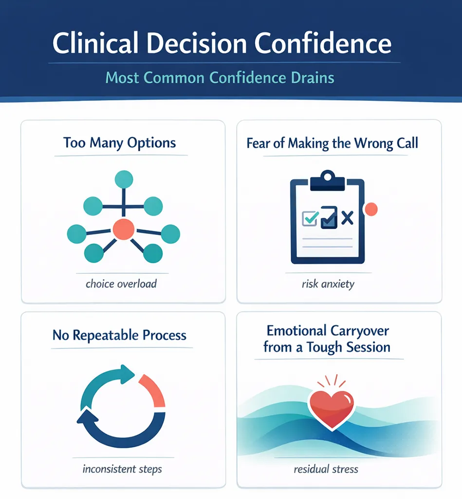 Clinical Decision Confidence infographic showing four common confidence drains for solo healthcare clinicians: too many options, fear of making the wrong call, no repeatable process, and emotional carryover from a tough session.