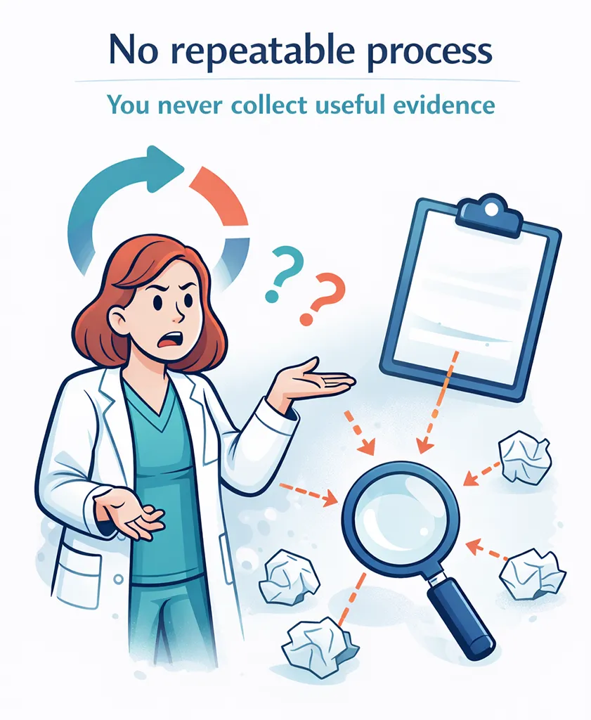 "No repeatable process" graphic showing a clinician confused beside a blank clipboard and magnifying glass, illustrating that without a consistent decision process you don’t collect useful evidence.