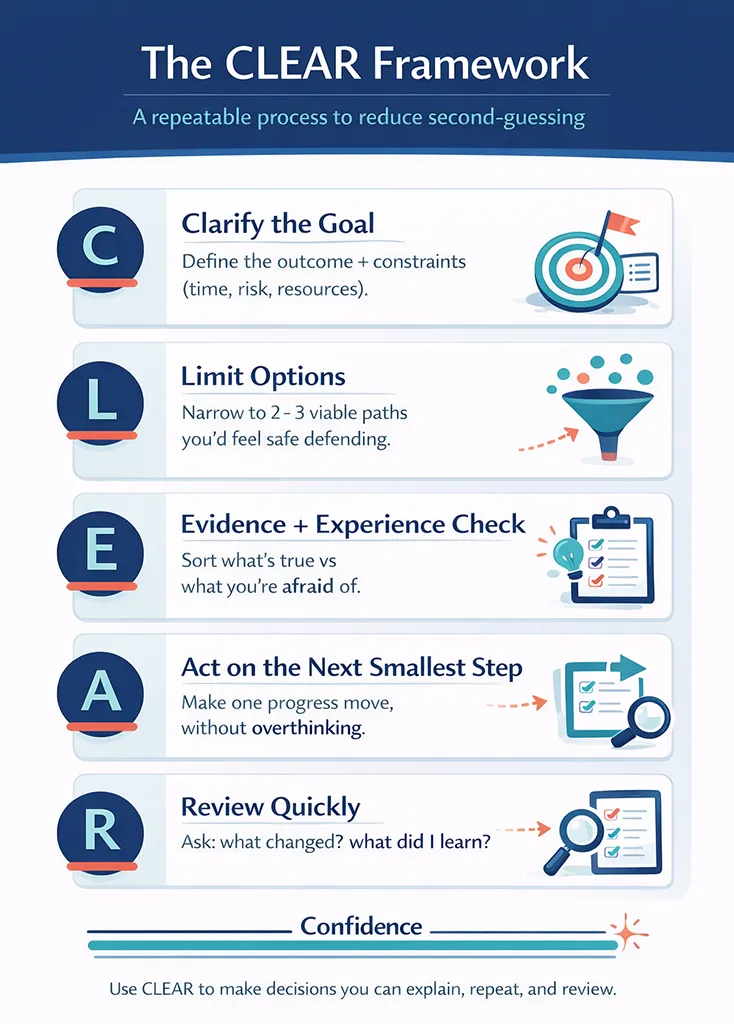 The CLEAR Framework infographic outlining a repeatable clinical decision-making process: Clarify the goal, Limit options, Evidence + experience check, Act on the next smallest step, and Review quickly to reduce second-guessing.