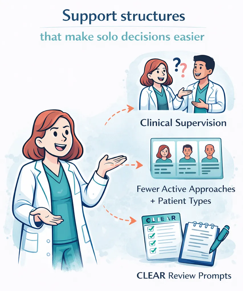 "Support structures" graphic for solo clinicians showing three decision supports: clinical supervision, limiting active approaches and patient types, and using CLEAR review prompts in notes to build an evidence base.