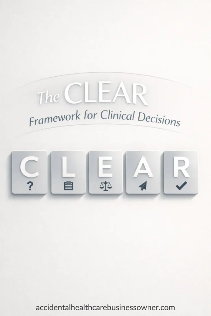 Five sleek tiles arranged in a row with big letters C L E A R, each tile has a tiny icon (question mark, notes, scale, arrow, checkmark). Text says: The CLEAR Framework for Clinical Decisions