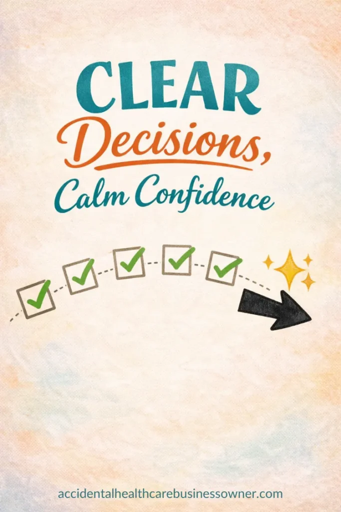 A clean checklist with five ticked boxes forming a gentle arc; at the end is a small sparkle icon and a bold arrow pointing forward. Text says: CLEAR Decisions, Calm Confidence