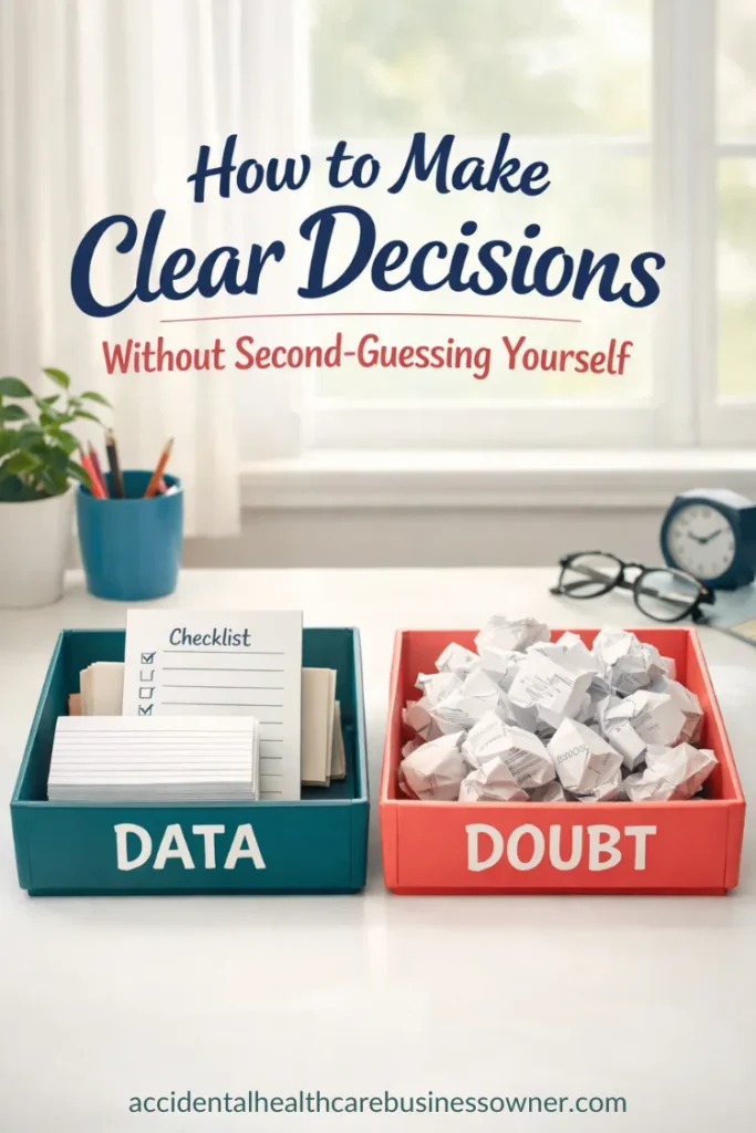Two neatly labeled trays on a desk: “DATA” and “DOUBT”. The DATA tray holds clean note cards and a checklist; the DOUBT tray holds crumpled paper. Text says: How to Make Clear Decisions Without Second-Guessing Yourself