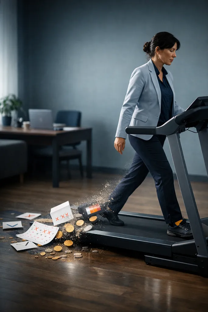 Healthcare practice owner walking on a treadmill while money, calendar pages, and tasks fall away, symbolizing burnout and the hidden costs of unsustainable business growth.