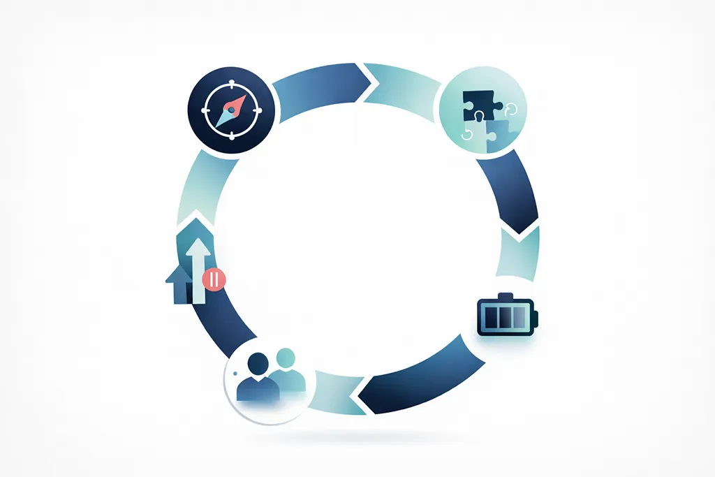 Visual model of how to build a sustainable growth loop, highlighting how clear strategy, efficient systems, protected energy, and reinvestment create long-term business stability.