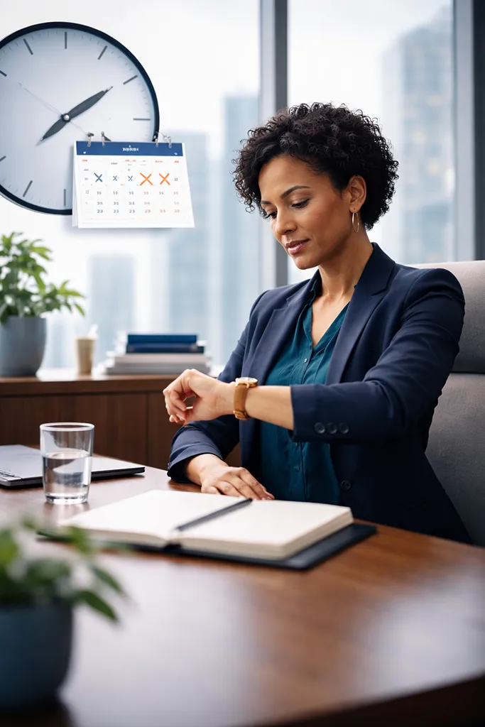 Business owner checking her watch at a desk, representing intentional time management and CEO-level ownership of her schedule.