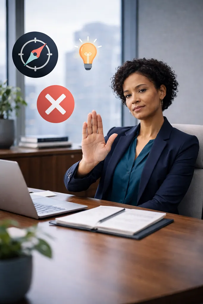 Business owner signaling no to off-mission work, representing clarity of purpose, focus, and intentional leadership.