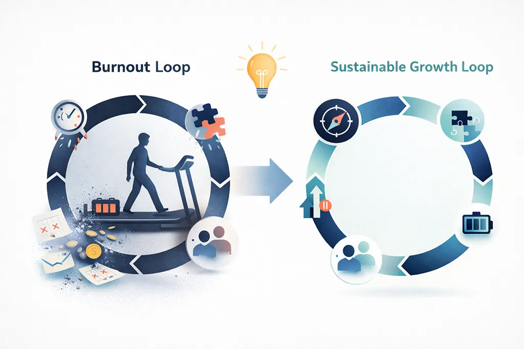 Visual comparison of a burnout loop versus a sustainable growth loop, illustrating how escaping constant effort leads to clarity, energy, and long-term business success.