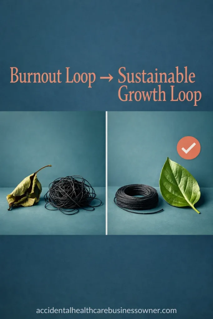 Left side a wilted leaf and tangled thread; right side a fresh leaf and neatly coiled thread in a smooth loop with a small checkmark icon. Text says: Burnout Loop → Sustainable Growth Loop
