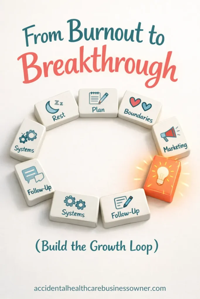 A set of small domino tiles arranged in a circle, each tile marked with a simple icon (rest, plan, boundaries, marketing, follow-up, systems). Text says: From Burnout to Breakthrough (Build the Growth Loop)