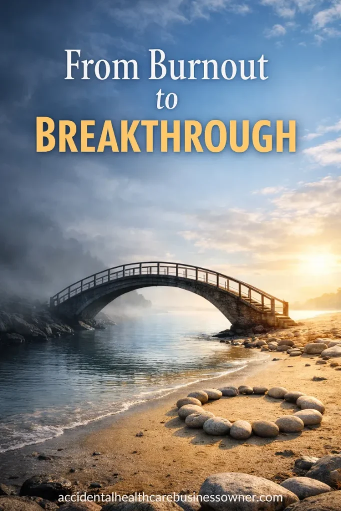 A simple arched bridge crossing from a shadowy rocky shore to a bright calm shoreline with smooth stones arranged in a subtle circle (loop). Text says: From Burnout to Breakthrough
