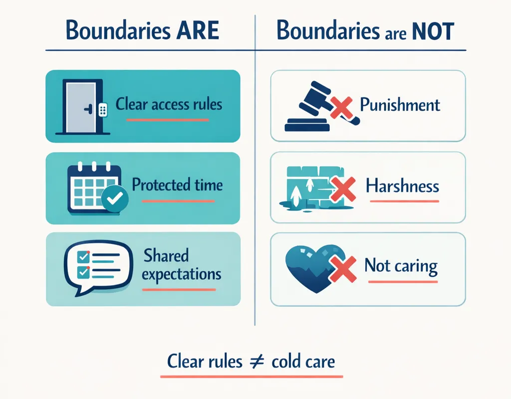 Infographic explaining clinic boundaries: boundaries are clear access rules, protected time, and shared expectations - not punishment, harshness, or not caring.