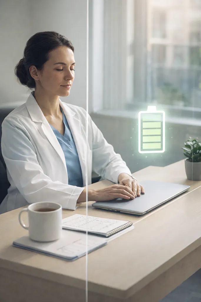 Calm healthcare clinician at a desk with a glowing battery icon, illustrating how clear clinic boundaries protect energy and help providers stay present for patients.