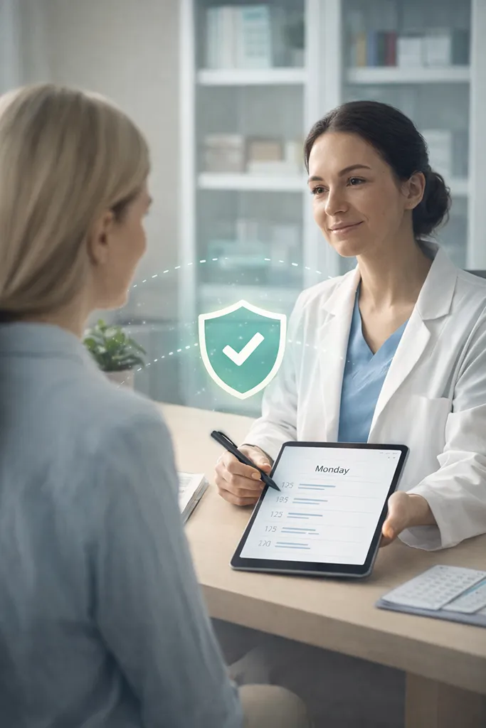 Clinician reviewing a schedule with a client, with a shield icon symbolizing consistency - showing how clear clinic boundaries build safety, trust, and a cared-for experience.