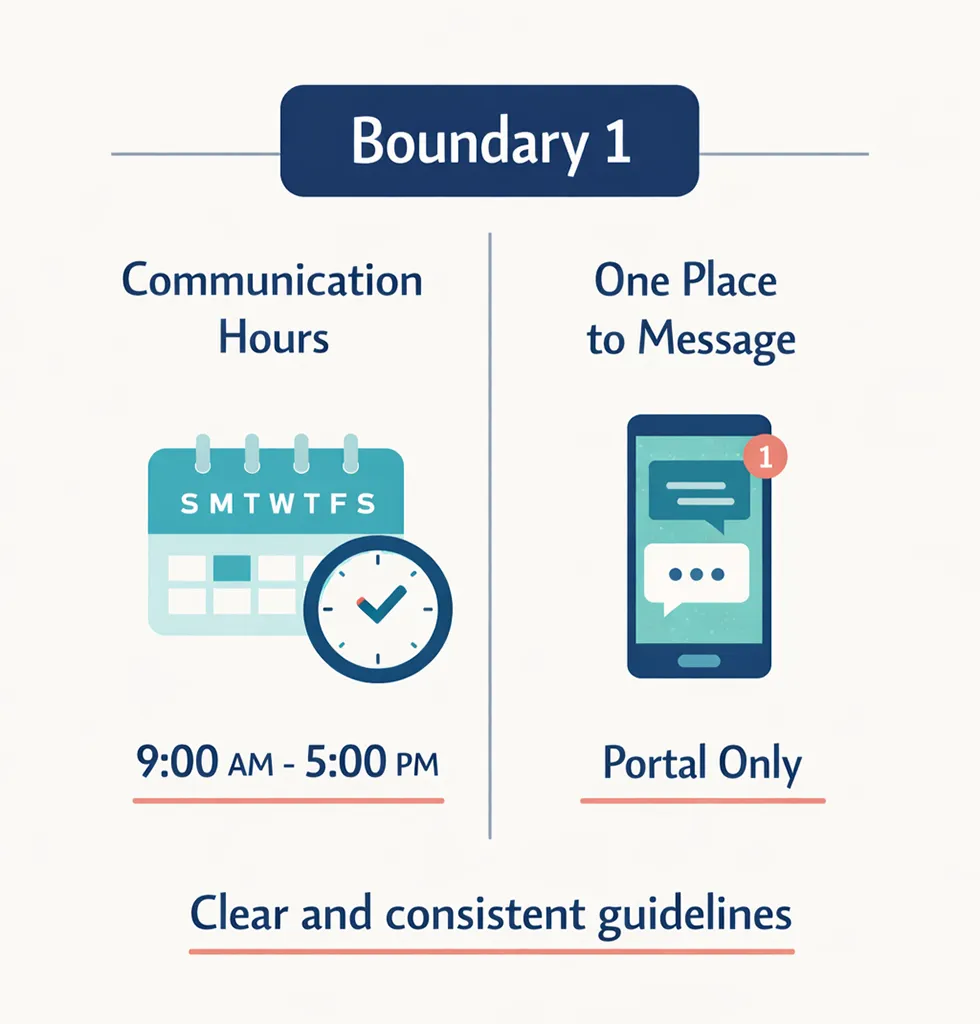 Infographic for clinic boundary #1: set communication hours and use one messaging channel (portal only) to create clear, consistent client expectations.
