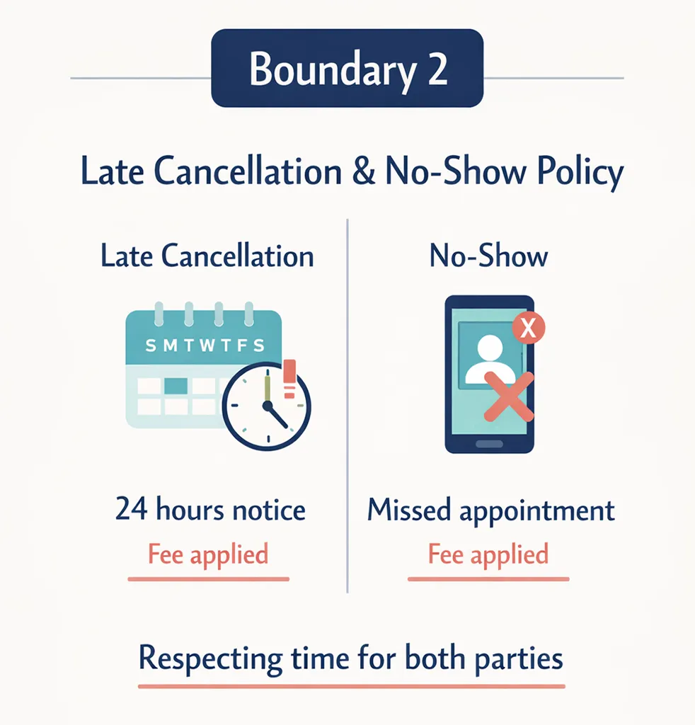 Infographic for clinic boundary #2: late cancellation and no-show policy - 24 hours notice required, fees apply for late cancellations and missed appointments to respect everyone’s time.