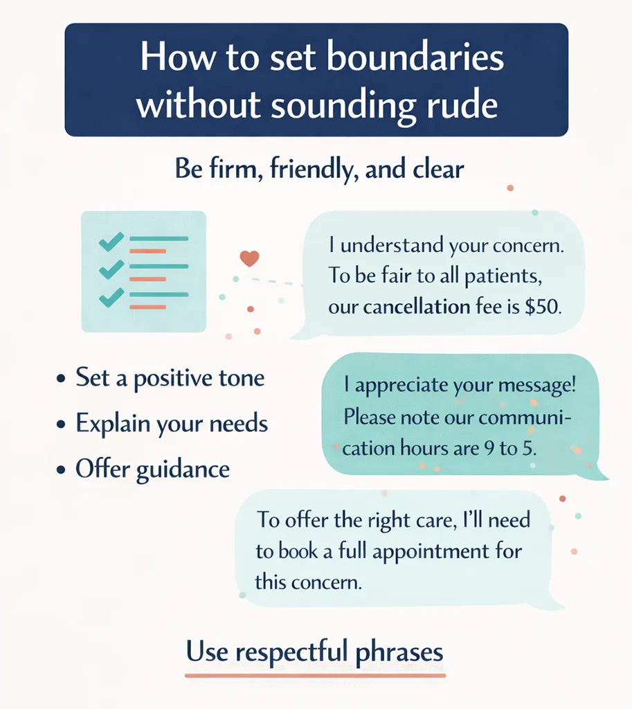 Infographic on setting clinic boundaries without sounding rude, with tips to be firm, friendly, and clear plus sample scripts for cancellation fees, communication hours, and booking a full appointment.