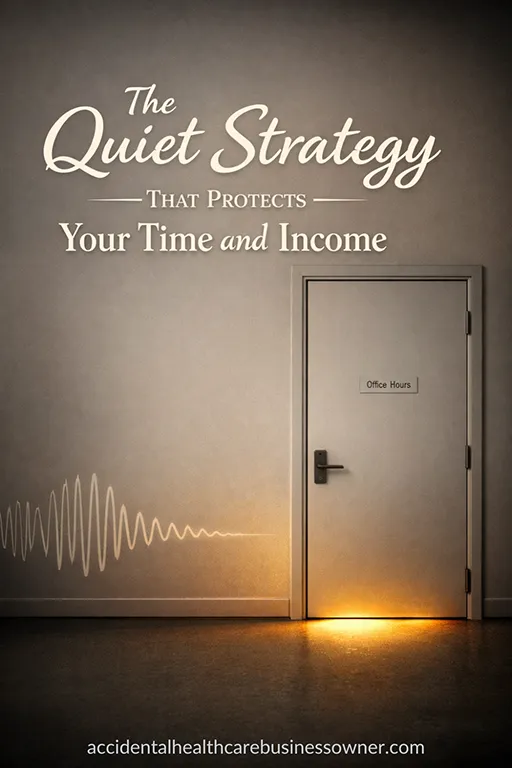 A closed door with a simple sign reading “Office Hours”, warm light glowing from under the door, and a soft sound-wave graphic fading out as it approaches the door. Text says: The Quiet Strategy That Protects Your Time and Income