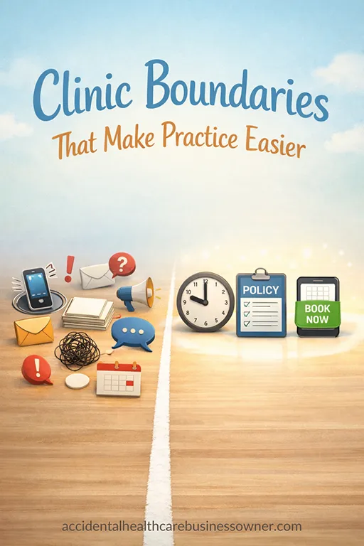 A simple painted line across a floor with three neat icons sitting on the protected side (clock, policy card, booking link) and scattered icons kept on the other side. Text says: Clinic Boundaries That Make Practice Easier