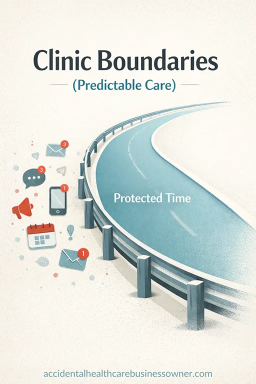 An abstract pathway line with a sturdy guardrail running alongside it; inside the rail is a smooth, calm lane (protected time), outside is a faint scatter of icons (notifications, messages) kept at a distance. Text says: Clinic Boundaries (Predictable Care)