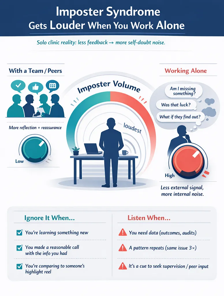 Infographic showing imposter syndrome in your solo clinic: “Imposter Volume” rises when working alone versus with a team, plus “ignore it when” and “listen when” checklists for healthcare practice owners.