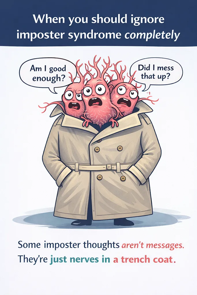 Cartoon illustration about imposter syndrome showing “nerves in a trench coat” with anxious thought bubbles (“Am I good enough?” “Did I mess that up?”), emphasizing when to ignore imposter thoughts that are just nerves, not useful messages.