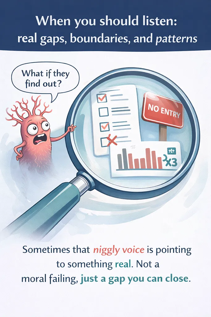 Cartoon graphic about when to listen to imposter syndrome, showing a worried “niggly voice” character beside a magnifying glass highlighting a checklist, boundary sign, and repeating pattern chart - framing real gaps you can close with training and support.