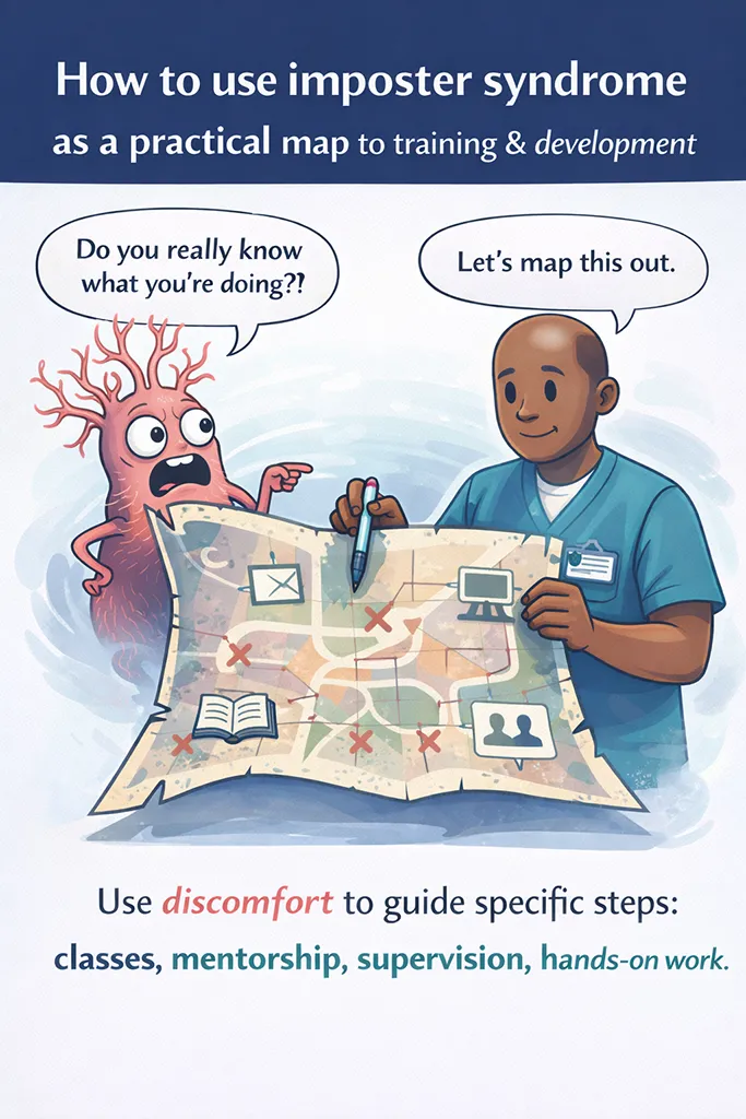 Cartoon illustration showing how to use imposter syndrome as a practical map for training and development: an anxious “imposter voice” character points at a map while a clinician calmly plans next steps (classes, mentorship, supervision, hands-on practice).
