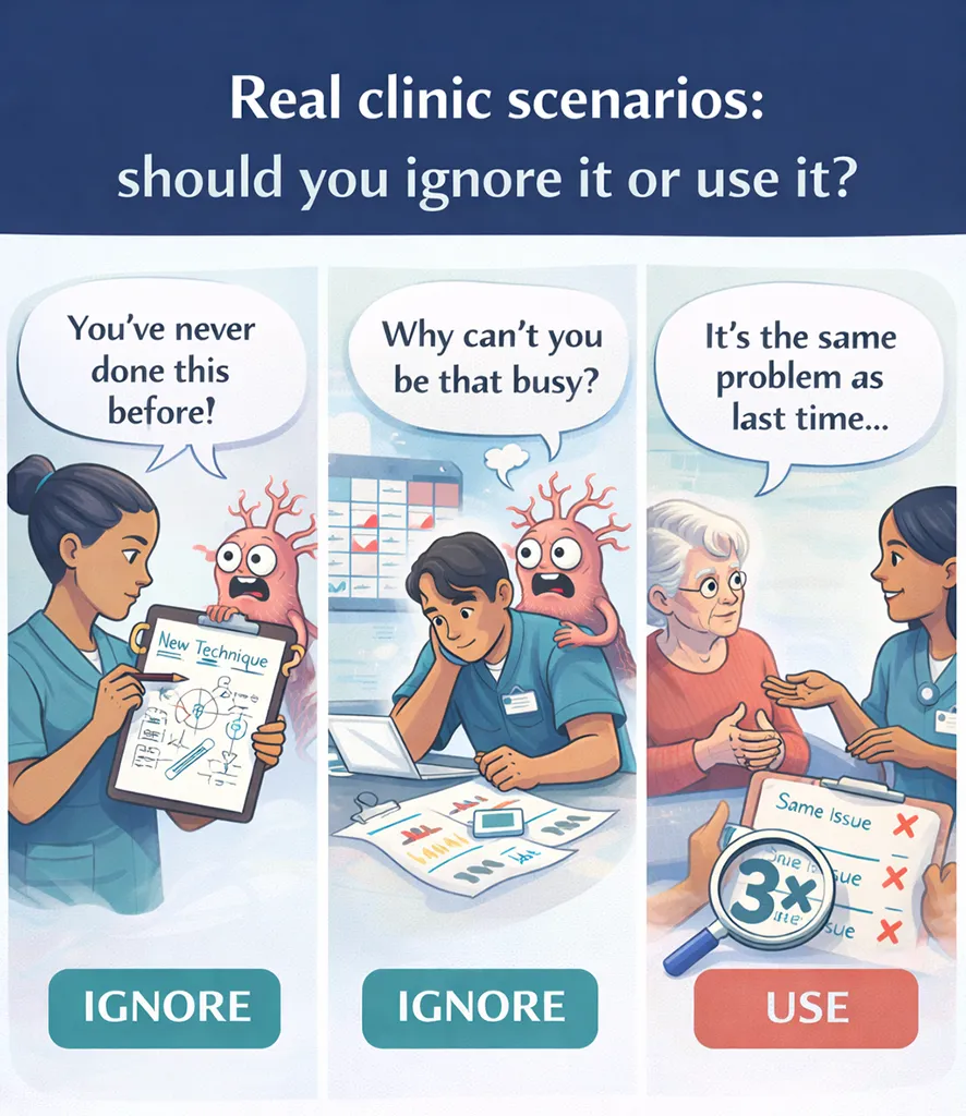 Cartoon panel titled “Real clinic scenarios: should you ignore it or use it?” showing three examples—new technique (IGNORE), comparing busyness (IGNORE), and a repeated patient issue pattern (USE)—to guide healthcare clinicians on when imposter feelings are noise vs a useful signal.