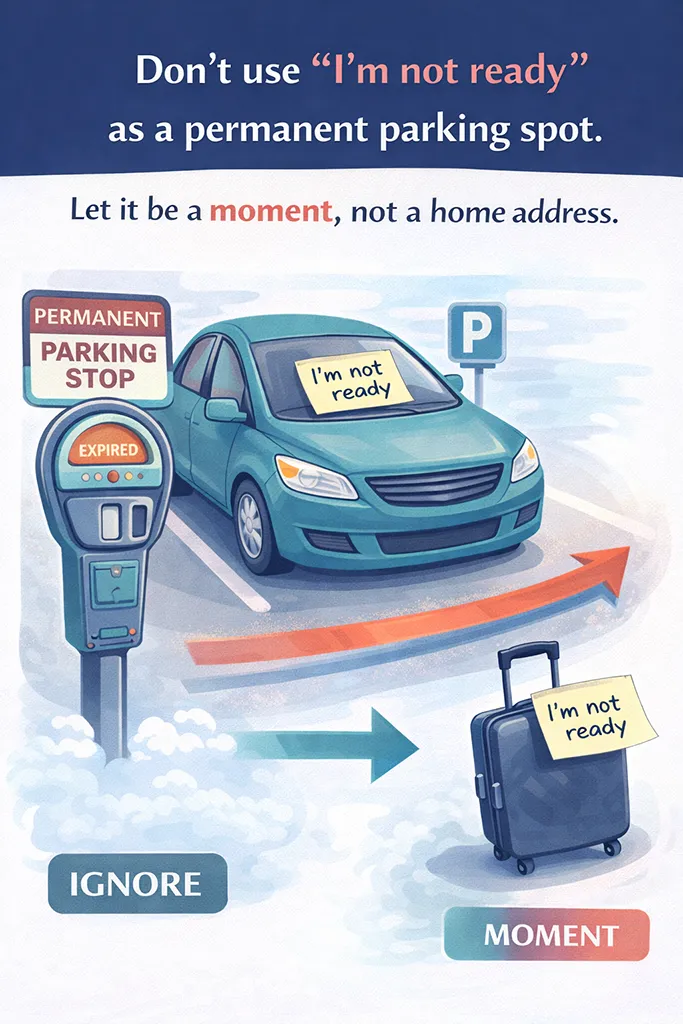 Cartoon illustration using a parking metaphor for imposter syndrome: a car labeled “I’m not ready” sits at an expired meter marked “permanent parking,” while an arrow points toward moving forward—“Let it be a moment, not a home address.”
