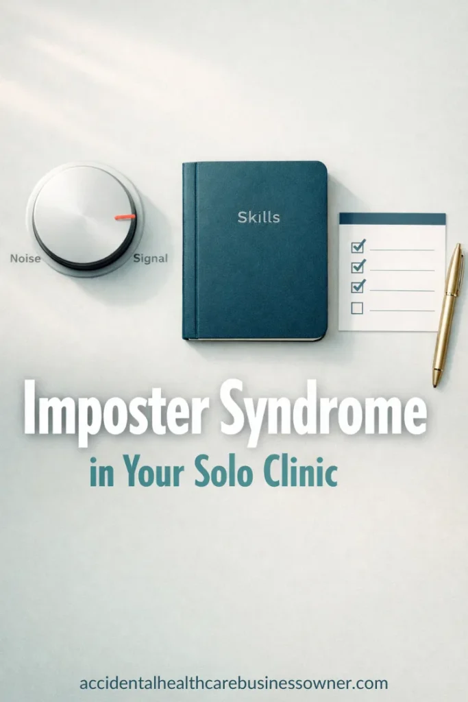A small “volume knob” device labeled “Noise” on the left and “Signal” on the right, next to a notebook titled “Skills” and a simple checklist card. Text says: Imposter Syndrome in Your Solo Clinic