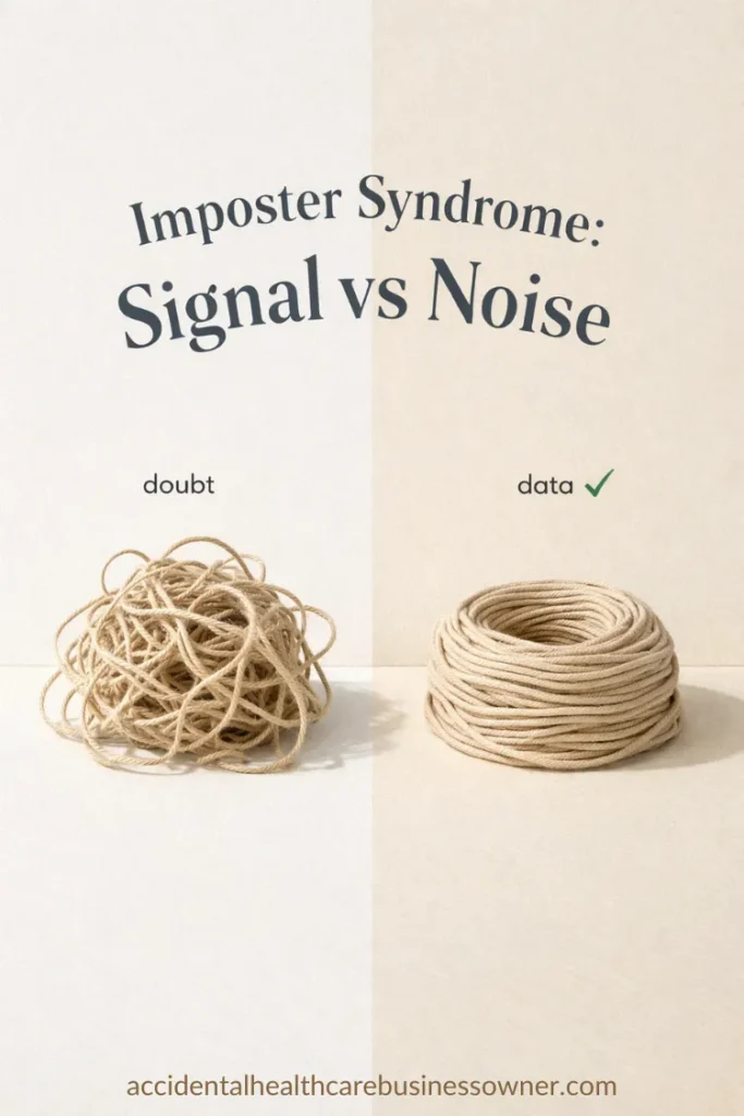 Split image. Lleft side shows a messy tangle of string under a label “doubt”, right side shows the same string neatly coiled with a label “data” plus a small checkmark. Text says: Imposter Syndrome: Signal vs Noise