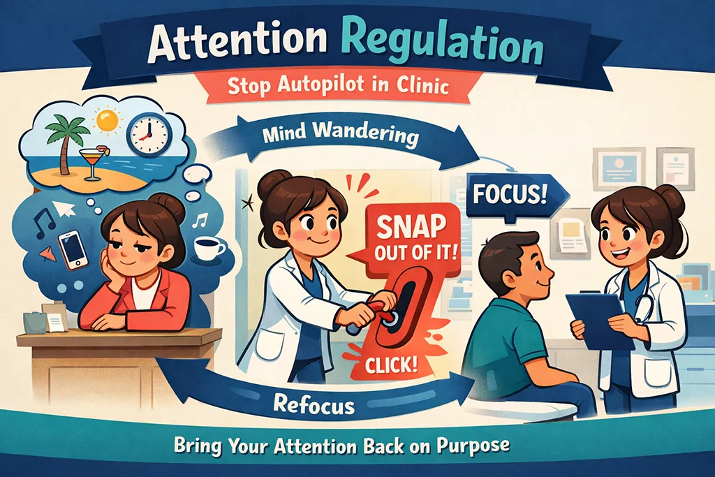 Cartoon illustration of a clinician practicing mindfulness for attention regulation in clinic - catching mind-wandering, refocusing, and returning to present-moment patient care to protect focus and energy.