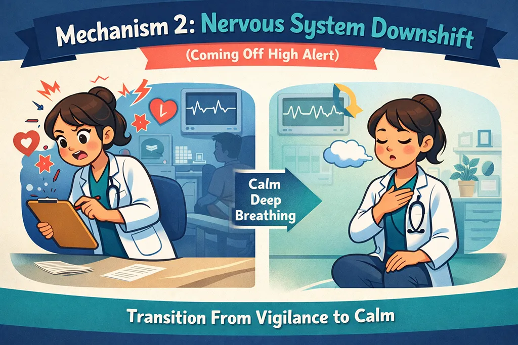Cartoon showing a healthcare professional shifting from high-alert stress to calm using mindful breathing, illustrating nervous system downshift to reduce vigilance and protect energy in clinic.