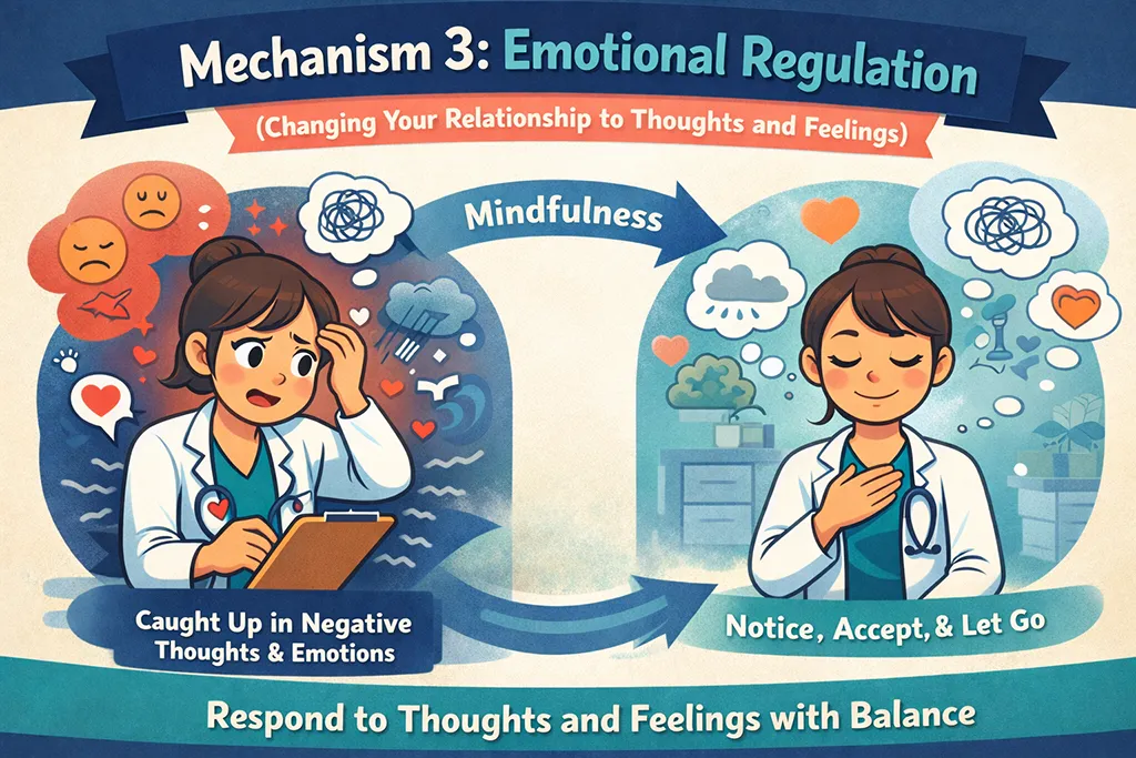 Cartoon of a clinician using mindfulness for emotional regulation - observing thoughts, feelings, and body sensations without getting caught up, then returning to balanced, compassionate care.