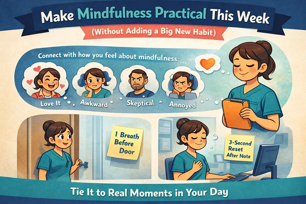 Cartoon guide to practical mindfulness for busy healthcare professionals - tying brief pauses to real clinic moments and normalizing feelings like scepticism, awkwardness, or annoyance about mindfulness.