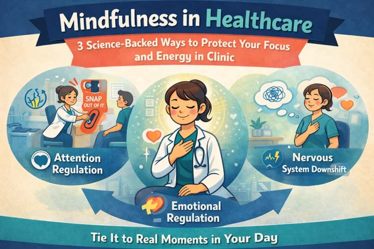 Cartoon overview of mindfulness in healthcare showing three science-backed skills - attention regulation, nervous system downshift, and emotional regulation - to protect clinician focus and energy in clinic.