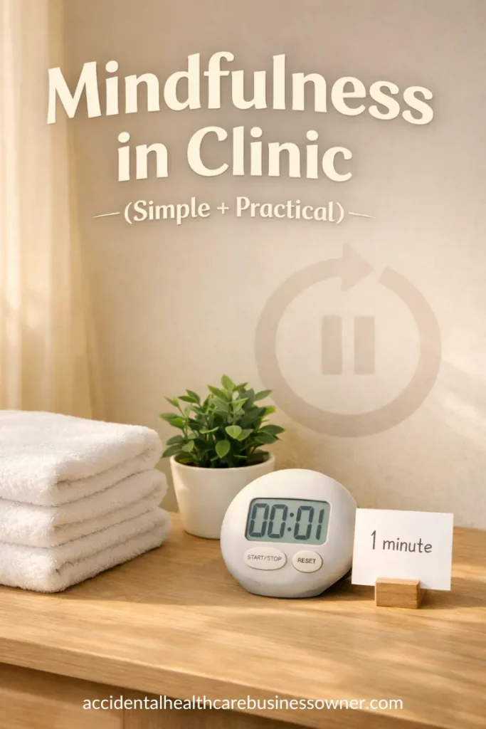 A tidy treatment room corner with a fresh towel stack, a small plant, and a card that says “1 minute” next to a soft timer; a simple “reset button” icon appears faintly in the background like a watermark. Text says: Mindfulness in Clinic (Simple + Practical)
