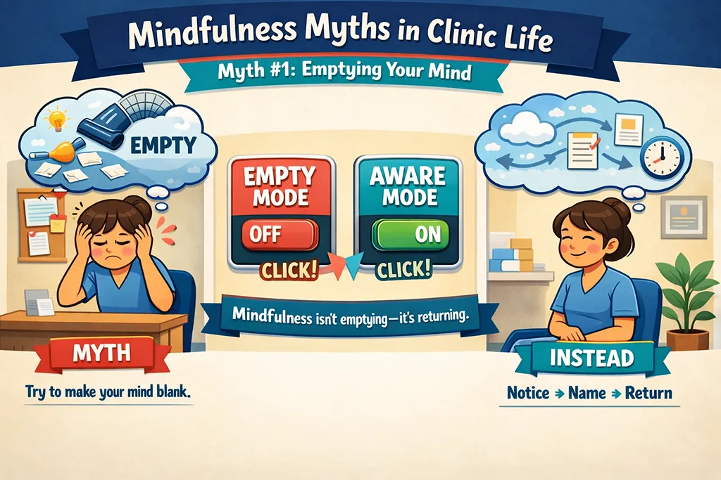 Cartoon clinic infographic of mindfulness myths. This one is showing a healthcare clinician switching from “empty your mind” to “aware mode,” explaining that mindfulness is noticing thoughts, not blanking the mind.